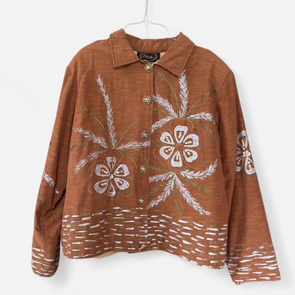Alex Kim brown hand painted floral button up jacket Size 1X